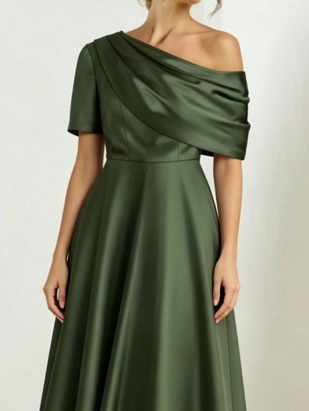 Olive Green Elegant Regular Fit Asymmetrical Ruched Zipper Long A-Line Dress - Picture 5 of 5